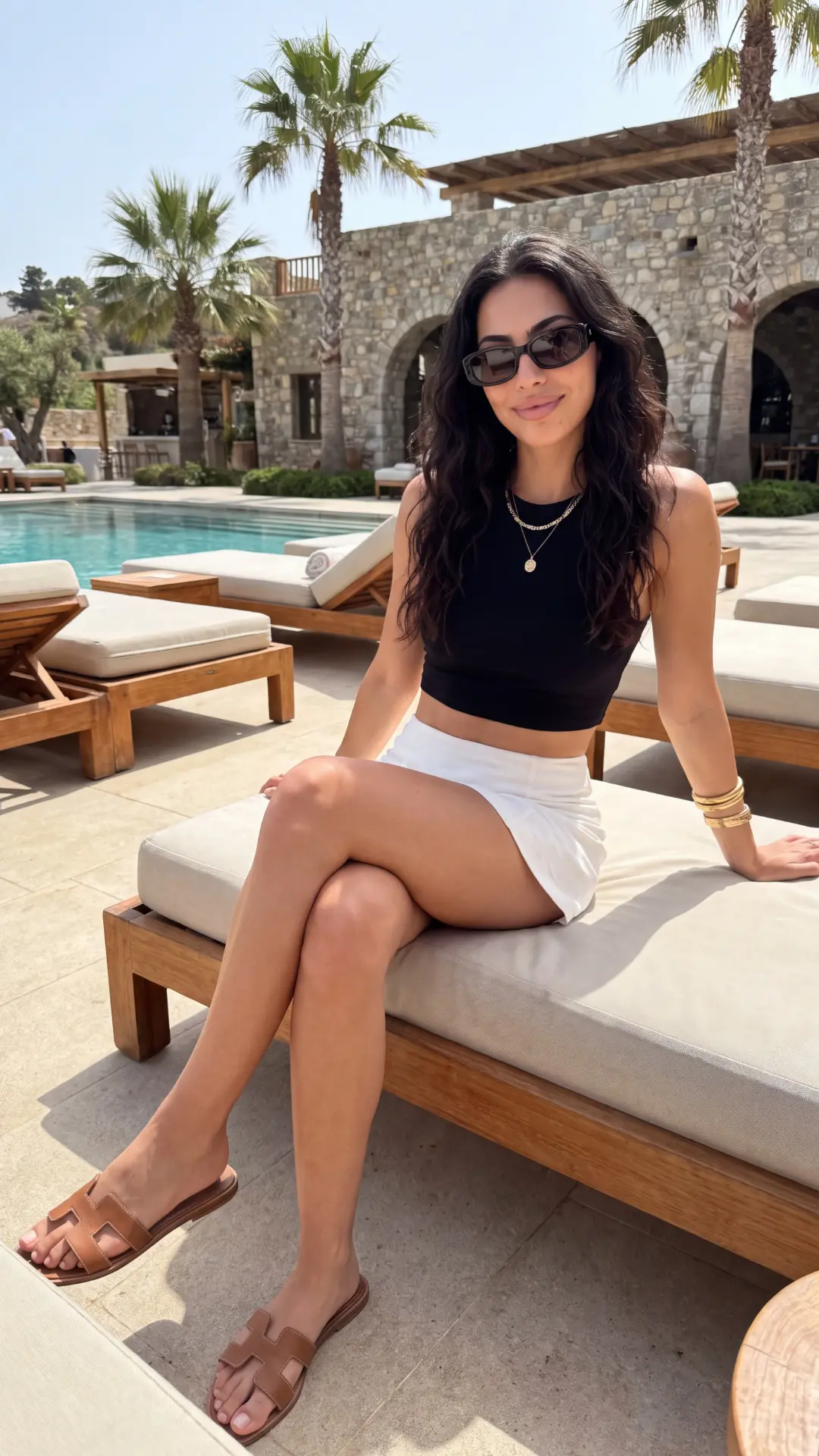 Sera Lanes relaxing by the pool in sunglasses