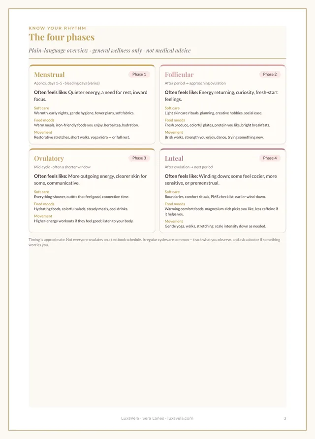 The four phases overview page from the Cycle Tracker, marked as general wellness and not medical advice