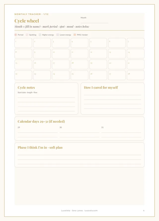 Interior tracker page from the Cycle Tracker
