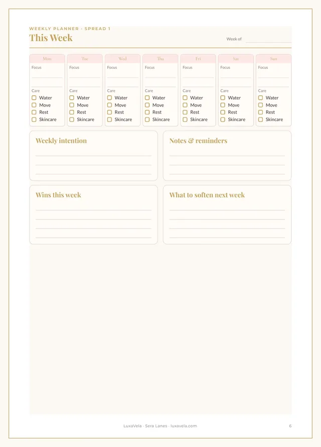 Weekplannerpagina uit de Soft Self-Care Planner